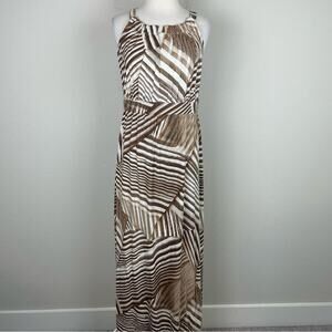 Chico's Brown White Abstract Stripe Print Sleeveless Knit Maxi Dress 1